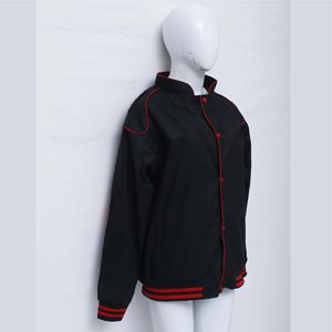 Veste de baseball pour femmes de haute qualité avec tissu noir de qualité supérieure et passepoil rouge élégant et boutons contrastés - Product Image 3