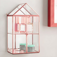 Mini armoire murale moderne de luxe à double niveau avec cadre métallique et vitrine en verre, boîte à bijoux, organisateur de parfums et de maquillage, décoratif or/rose