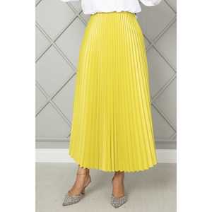 <b>Elastic</b> Waist Midi <b>Skirt</b> Fluorescent Yellow Satin and Spandex Breathable Soft with Pleats Digital Printed Plain Sweet Style - Product Image 2