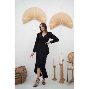 Vestido de satén al por mayor con cintura negra con volantes y silueta natural - Product Image 3