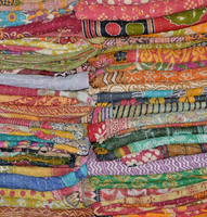 Couverture vintage indienne en patchwork Kantha faite à la main, lavable, douce, en vieux coton sari, couverture bangali matelassée, écologique, réversible, toutes saisons