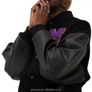 Chaqueta de béisbol de hombre con letras cortas y logotipo personalizado, chaqueta recortada negra de lana para hombre, chaqueta universitaria con parche bordado de chenilla - Product Image 5