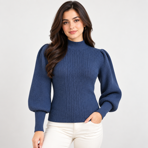 Pull-over en tricot crocheté à col montant et manches bouffantes pour femme, style bohème, manches longues, mode décontractée été-automne, vente en gros - Product Image 1