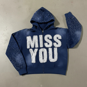 Sweats à capuche en coton lourd 400 g/m² avec strass noirs brodés, sweats à capuche à manches avec strass, coupe ample, sweats à capuche zippés courts - Product Image 6