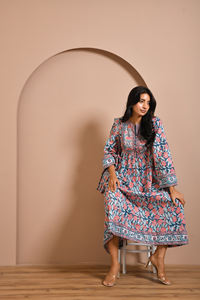 Style bohème femmes robe mi-longue confortable à manches longues pur 100% coton main bloc imprimé fleuri décontracté robe écologique - Product Image 2