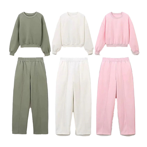 Survêtement pour femme en coton 100% surdimensionné, sweat-shirt à col rond, pantalon, col à capuche, motif uni, polaire épais 350 g/m² pour l'hiver - Product Image 1