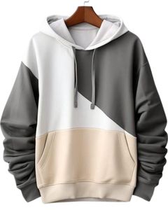 Sudadera con Capucha Tricolor en Blanco, Gris y Beige, Informal, Unisex, de Felpa Suave, Estilo Urbano, Cálida y Elegante - Product Image 1