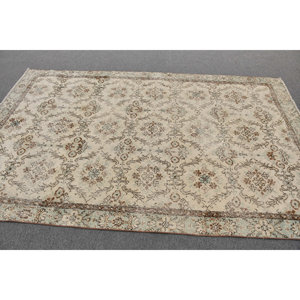 Alfombra turca Vintage clásica blanca marrón 5,6x8,8 pies diseño de retazos hecho a mano lana látex Tabriz para sala de estar pasillo rectángulo - Product Image 3