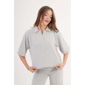 Blusa Elegante Gris para Mujer Lustrin, Cuello Camisero, Manga Corta - Top Versátil de Mezcla de Poliéster y Viscosa para Venta al Por Mayor - Product Image 2