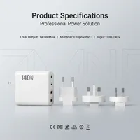 Chargeur mural USB rapide 140W 2C+2A 4 ports avec QC3.0 PD, bloc de charge compact pour ordinateur portable, adaptateur de chargeur USB GaN 140W