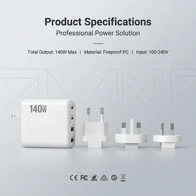 140W 2C+2A 4-Port Fast USB Wall Charger with QC3.0 PD Compact Charging Block Station for Laptop 140W GaN USB Charger Adapter