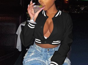 OEM Custom Fashion Streetwear Baseball Crop Patchwork Button Women's <b>Jackets</b> Custom Fall <b>Bomber</b> <b>Jacket</b> Cropped Varsity <b>Jacket</b> - Product Image 3