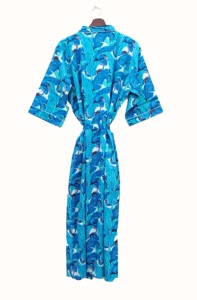 Batas de Kimono de algodón con hojas de plátano azul para mujer, hermosa bata de noche, vestido envolvente de algodón, bata de baño suave y cómoda - Product Image 4