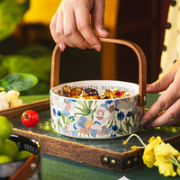 CH04 Iris Bloem Keramische Fruitmand Schaal Decoratieve Serveerschaal met Handvat voor Snacks & Gedroogd Fruit op de Woonkamertafel
