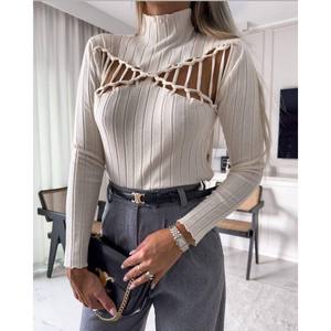 Pull en tricot décontracté pour femme Mybeefashion, coupe standard, manches longues, tissu chaud en mélange de laine et d'acrylique, couleur beige unie - Product Image 1