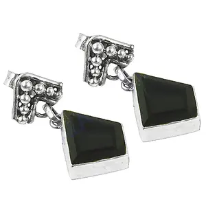 Boucles d'oreilles géométriques pour femmes en argent 925 avec onyx et plaqué or 14 carats, tendance et mignonnes pour les fiançailles, accent rubis et diamant - Product Image 3