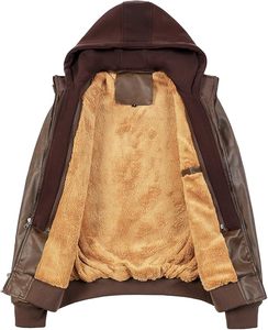 Men's Casual Stand Collar Zip-Up Motorcycle Bomber <b>Jacket</b> PU Faux Leather with Removable <b>Hood</b> - Product Image 2