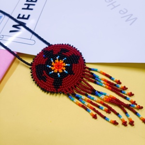 Handcrafted <b>Beaded</b> Necklace with Vibrant Circular Pendant and Multicolor <b>Fringe</b> A Celebration of Artisan Heritage and Design - Product Image 6