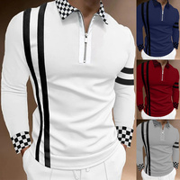 T-shirt respirant pour homme, coupe ajustée, manches longues, motif rayé et col à carreaux, style streetwear, en polyester tricoté