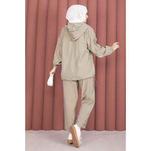 Ensemble deux pièces décontracté vert olive à capuche et fermeture éclair, en toile et tissu côtelé, coupe ample, pour l'été - Product Image 6