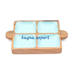 Ramzan collection noix et dattes plateau de service plateau bois de mangue couleur émail bleu plateau de service sûr pour les aliments dernier plateau de forme longue - Product Image 6