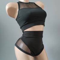 Tenue de pole dance pour femmes, ensemble deux pièces avec haut et bas en mesh noir, costume de performance sexy, ensemble de vêtements de danse pour filles