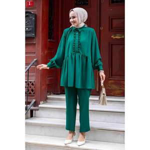 Ensemble 2 pièces modeste hijab à volants sur le devant émeraude - Product Image 3