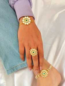 Combo Set of 3 Kundan Ring Bracelet <b>Anklet</b> Ethnic Jewelry <b>Women</b> Girls Festival Wedding Haldi Mehndi Favor Adjustable & Assorted - Product Image 3