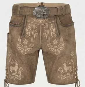 Lederhosen bavaroises pour hommes, shorts en cuir traditionnels brodés, taille haute, style vintage avec motif cerf, fabrication artisanale - Product Image 1