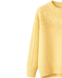 Customized Soft Yellow Jacquard Knit Sweater Floral Textured Crew Neck Long Sleeve Winter Pullover For Women Custom Wholesale - Product Image 2