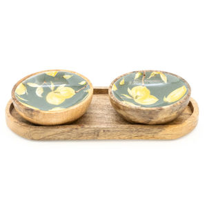 Bol à tremper design floral lot de 2 avec assiette ovale bol en bois de manguier - Product Image 2