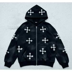 Mens Black 100% Cotton Custom Printed Hoodie White Gothic Cross Patches Sun Fade Street wear Zip-Up Hooded <b>Jacket</b> <b>Punk</b> Spring - Product Image 1