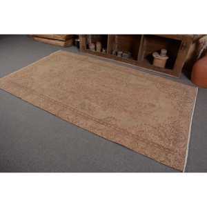 Tapis turc vintage 4.7x8.2 pieds Beige marron Patchwork Design laine Latex technique de tissage plat pour les décorations de salon des adolescents - Product Image 3