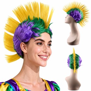 Perruques Mohawk Mardi Gras Ombre Violet Jaune Vert Longues Ondulées pour Femmes Filles Perruques Synthétiques pour Cosplay Fête Halloween - Product Image 1