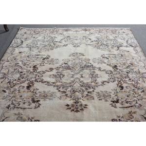 Tapis turc fait à la main en laine marron beige antique de 5.7x8,7 pieds Design patchwork de style classique pour chevet Rectangle couloir Latex - Product Image 4