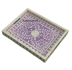 Plateau de service artisanal en incrustation d'os violet et blanc avec brûleur plateau artisanal décoratif pour la décoration intérieure et les cadeaux - Product Image 2
