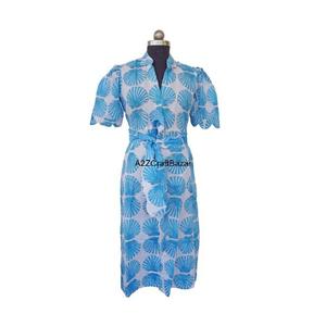 Indien fait à la main taille naturelle bleu clair 100% coton Vintage Floral robe mi-longue ample col en v ceinture bloc imprimé respirant - Product Image 1