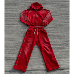 Ensemble survêtement personnalisé de haute qualité pour homme, pantalon de survêtement évasé et sweat à capuche en coton, ensemble de survêtement zippé avec sweat à capuche orné de strass - Product Image 4