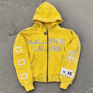 Sudadera con capucha 2026 de estilo urbano vintage, con lavado a la piedra, de corte extragrande y holgado, corta, bordada, con cremallera, con tachuelas y pedrería, con bolsillos - Product Image 1