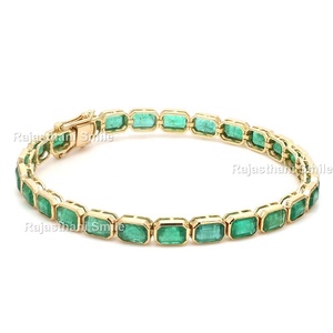 Emeraude naturelle 14K or jaune massif émeraude pierre précieuse sertie de lunette bracelet de tennis taille de pierre 6x4mm - Product Image 2