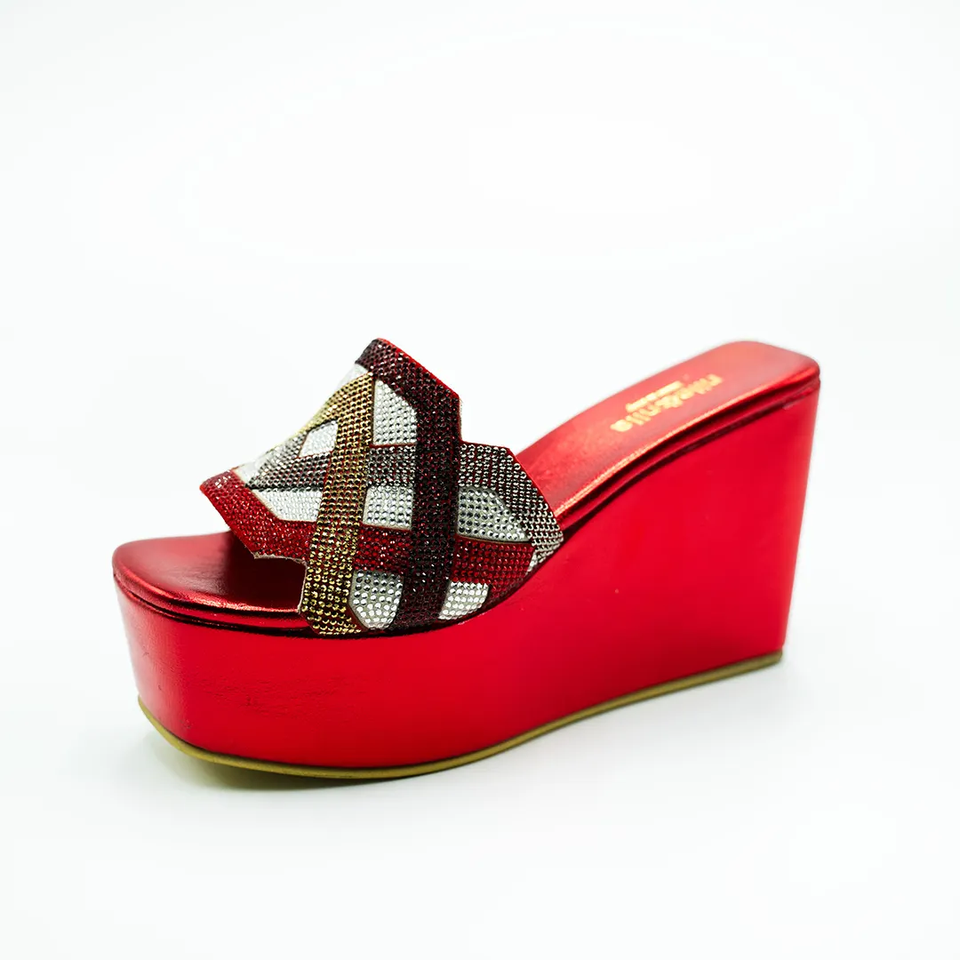 Ladies wedge sandal with multicolor strass leather upper and insole Laminated leather cover the outsole Wedge height 100