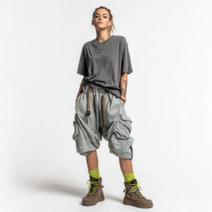 Ensemble deux pièces pour femmes, short de survêtement ample à taille haute respirant, délavé à l'acide, avec t-shirt à épaules tombantes - Product Image 5