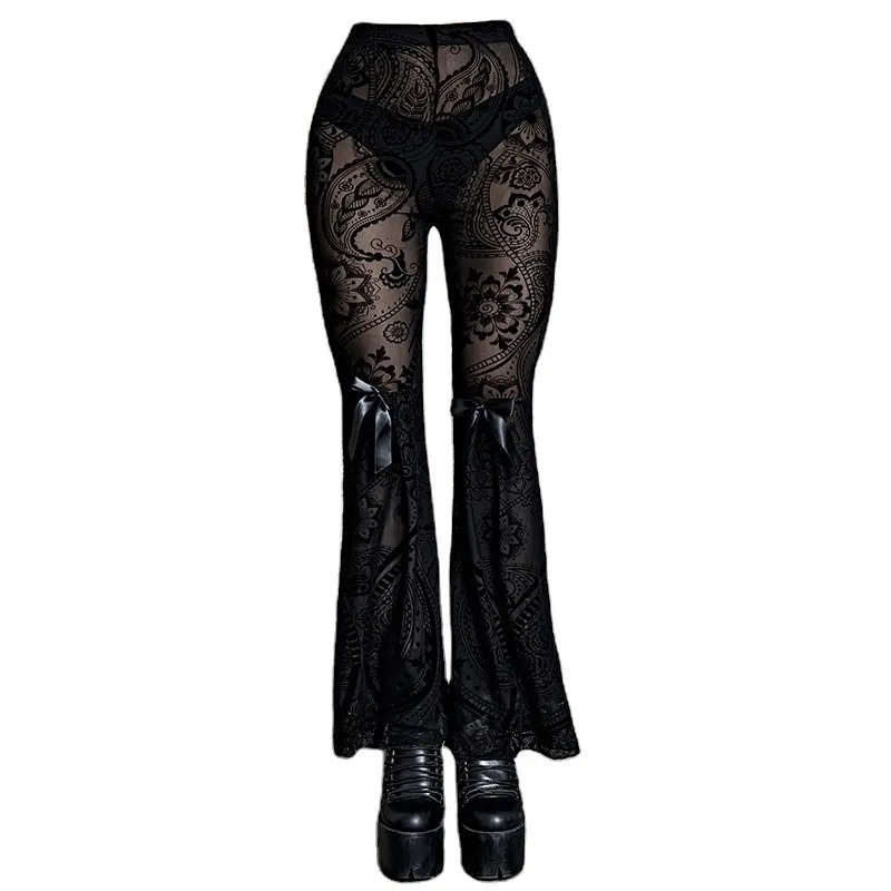 2024 nouveauté gothique vêtements femmes Mature élégant Perspective nœud dentelle évasé pantalon Sexy fête porter pour les femmes en gros