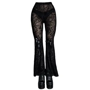2024 New Arrival Gothic Clothing Women Mature Elegant Perspective Bow Lace Flared Trousers Sexy Party Wear For Women Wholesale