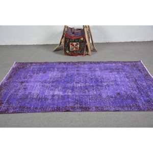 Tapis turc vintage moderne de 3.9x7 pieds violet en laine tissée à plat avec motif patchwork pour les décorations de salon ou le couloir - Product Image 3