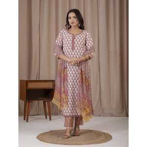 Ensemble Kurta et pantalon en coton imprimé à la main motif pêche blanche, vêtements traditionnels régionaux - Product Image 6