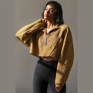 Sudadera con capucha de peso pesado para mujer con logotipo personalizado, sudadera de algodón de 2025G, Top corto de invierno, tela tejida con media cremallera, novedad de 360 - Product Image 3