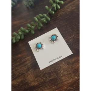 Annette Chiquito Kingman Turquoise & Sterling Silver Stud <b>Earrings</b> <b>Horse</b> <b>Shoe</b> Post with Bezel Setting - Product Image 4