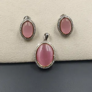 Fashion Jewelry Pink Purple Blue Monalisa Stone Pendant Set with Locket and Earrings Indian Charm & Pendant