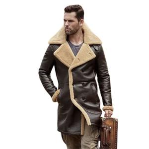 Best Selling Premium High Quality Shearling Leather Overcoat Long Breathable Men's Fur Trim Brown - Product Image 5